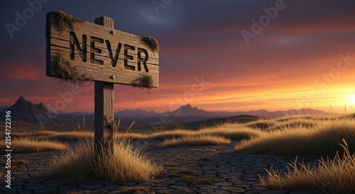 Wooden sign with the word NEVER in a desolate landscape at sunset.