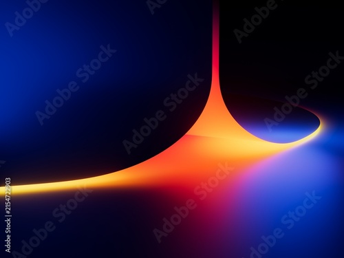 Abstract neon gradient scene with glowing red, orange, and blue light on a dark background. Modern futuristic background for technology, branding, and digital design. 3D render illustration.