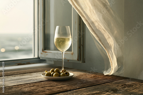 Glass of chilled white wine and olives on a rustic table by the sea