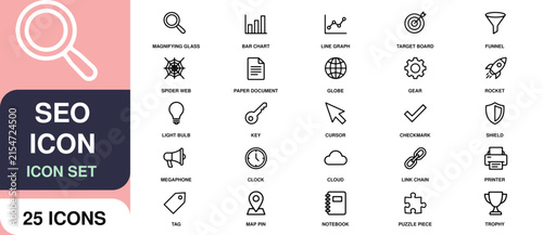 Comprehensive seo and digital marketing icon set featuring twenty five professional line art vector web symbols
