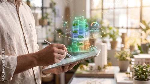 Designer using a stylus on a tablet to interact with a holographic green skyscraper displaying excellent air quality data and leaf icons, representing sustainable architecture, smart cities, and eco-f