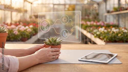 Woman holding a potted succulent plant in a greenhouse with a holographic display showing flower, sunlight, and water care icons beside a tablet, representing smart horticulture, plant health monitori