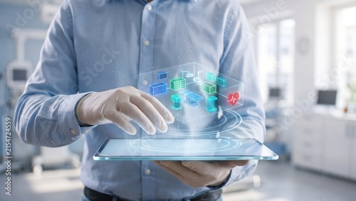 Doctor in medical gloves holding a tablet projecting a holographic 3D hospital room layout with equipment and heartbeat icons, representing smart healthcare technology, digital medicine, and hospital 