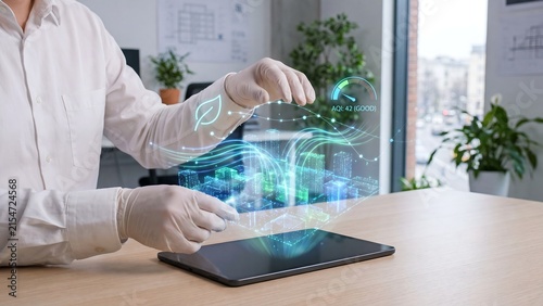 Researcher in gloves manipulating a holographic smart city model with AQI reading and leaf icon above a tablet, representing urban air quality monitoring, environmental science, and sustainable city p