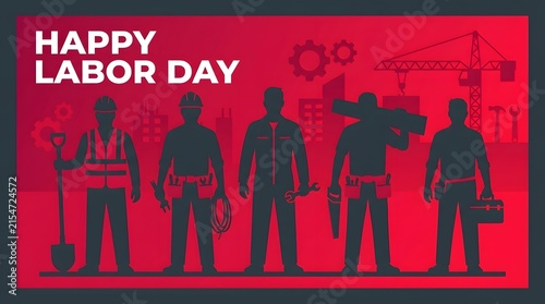 A festive graphic design celebrating labor canada with silhouettes of diverse workers on a bold red background