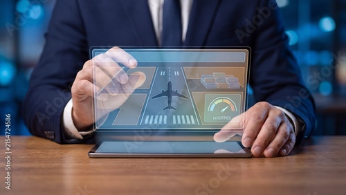 Businessman in a suit touching a holographic tablet display showing an airplane runway, cargo containers, and logistics gauge, representing smart aviation, supply chain management, and global freight 