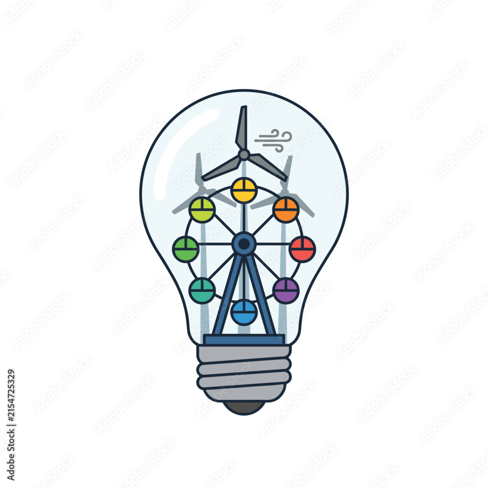 Fototapeta premium Sustainable Energy Concept | Light Bulb with Wind Turbine & Ferris Wheel