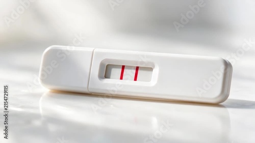 Close-up of a white plastic pregnancy test with two red lines on the indicator window put by a woman's hand on a bathroom table. Positive pregnancy confirmation and life-changing revelation concept