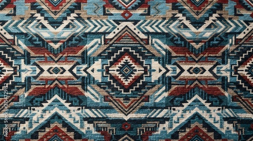 Southwestern native american style woven textile pattern with geometric shapes in shades of blue, red, brown, and white
