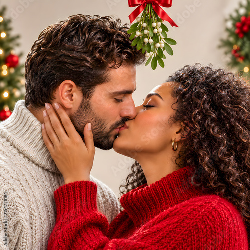 Young couple kissing under mistletoe in festive holiday setting  