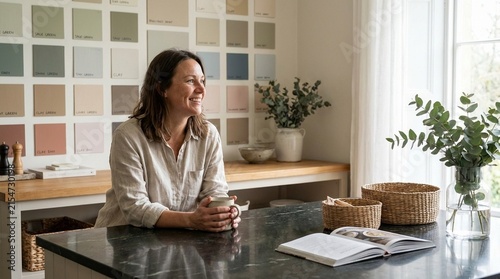 Smiling Caucasian woman in linen shirt, sitting at kitchen counter with coffee cup, interior design studio with paint color swatches on wall