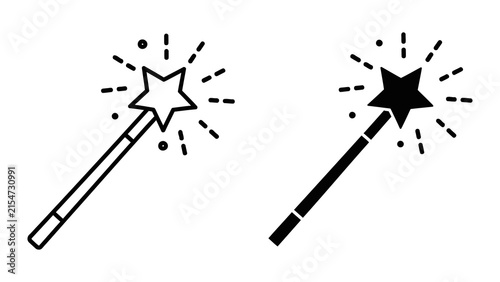 Fotografie Magic wand with star and sparkles in outline and solid vector graphic style set