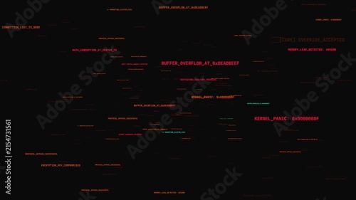 Digital system error code with red glitching terminal text messages flickering on black background for cyber security and hacking theme visual.