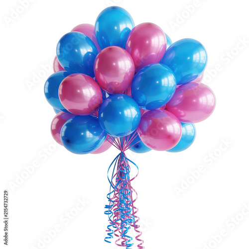 Large bunch of hot pink and electric blue balloons with matching curling ribbons isolated on a transparent background