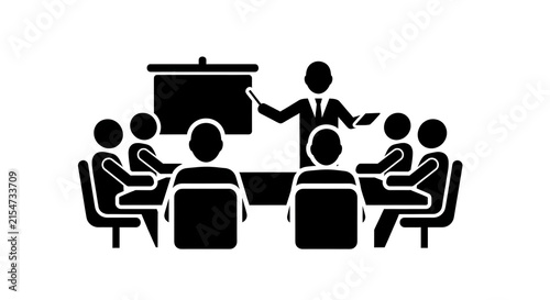 Business meeting icon with a presenter leading a corporate team presentation on a whiteboard.