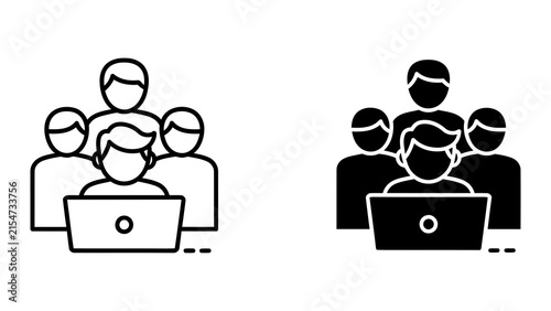 Team working together on laptop computer icon set isolated on white background vector