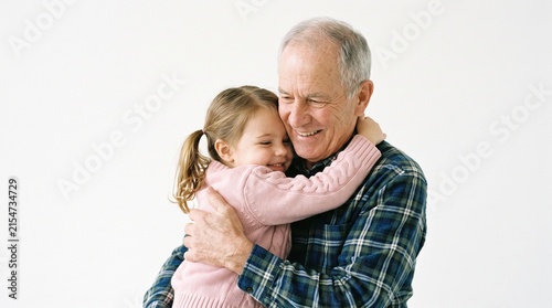 Grandfather's Embrace: A heartwarming moment as a young girl with a radiant smile embraces her grandfather, sharing a tender hug filled with love and connection.