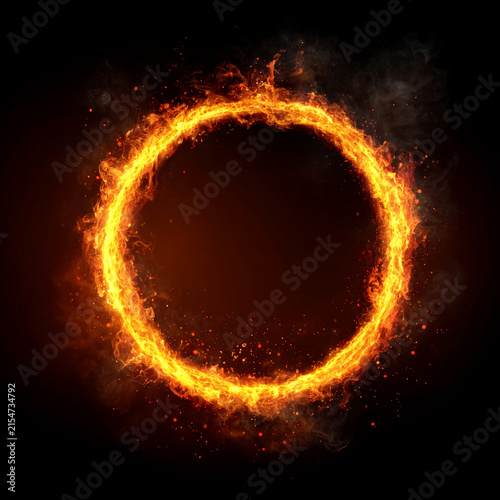 Flames create a circle shape in dark background with sparks and smoke around it