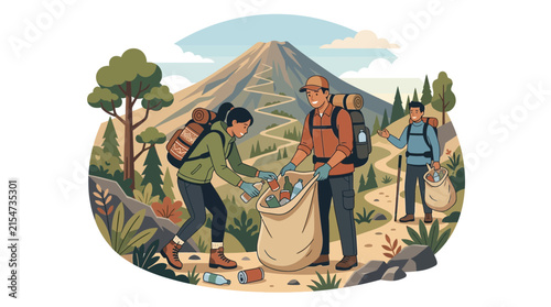 Group of volunteers cleaning mountainside litter together.
