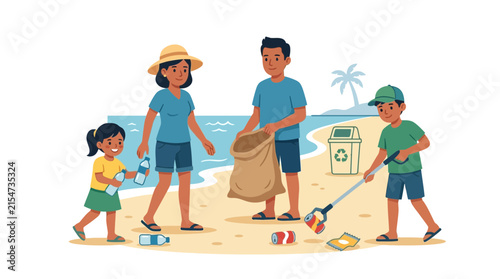 Group of volunteers cleaning plastic waste on beach.