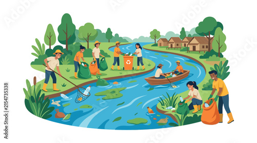 Group of volunteers cleaning polluted river with boats.