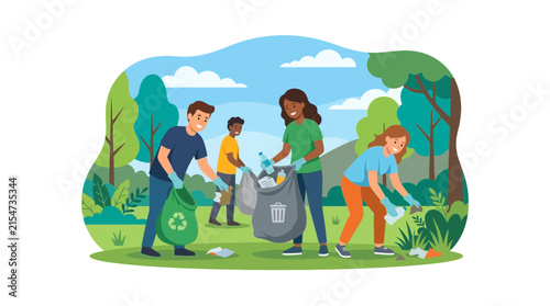Group of volunteers cleaning up a local park.