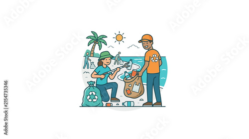 Group of volunteers cleaning tropical beach from debris.