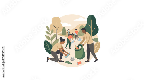Group of volunteers cleaning up trash in park.