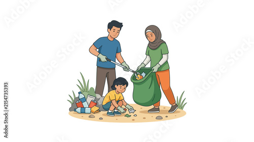 Group of volunteers collecting plastic bottles and litter.