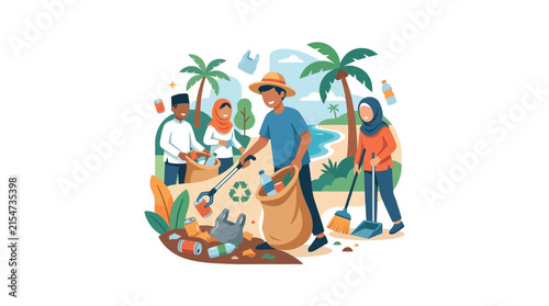 Group of volunteers cleaning waste on tropical beach.