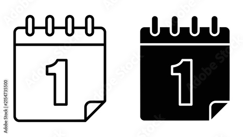 Calendar date icon with number one in outline and solid styles isolated on transparent background