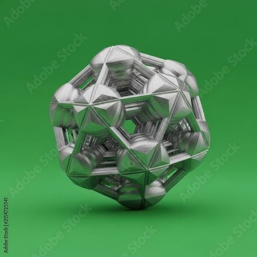 Complex Geometric Metal Structure on Green Background.