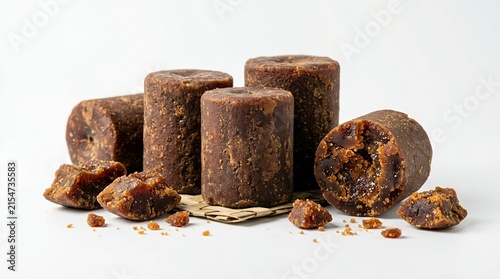 Rich dark brown palm sugar blocks, an unrefined natural sweetener, arranged to highlight their organic appeal and textured surface, perfect for traditional culinary uses