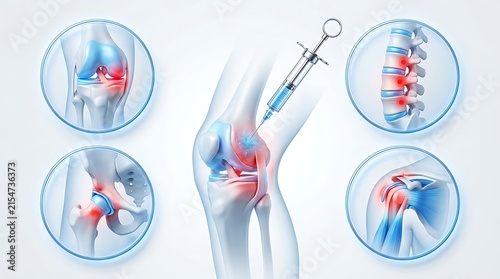 Medical illustration of joint injection therapy for pain relief in knee, hip, shoulder, and spine isolated on white background