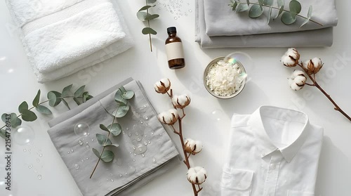 Flat lay of white laundry towels and cotton branches.
