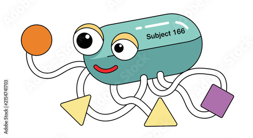 Cute Cartoon Pill Character with Geometric Shapes and Ball