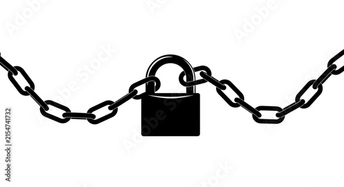 Black padlock and metal chain on a white background representing security, protection, privacy, access control, and restriction.