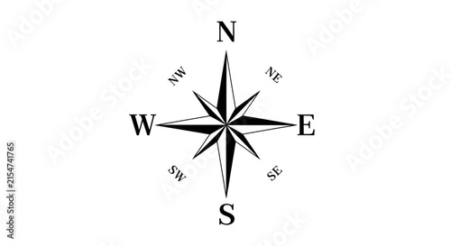Detailed Black and White Compass Rose Icon Illustrating Cardinal and Intercardinal Directions for Navigation