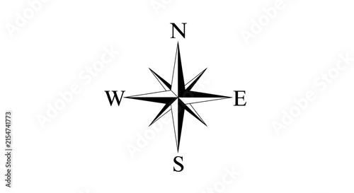 Classic Black and White Compass Rose Graphic with Cardinal Directions N, S, E, W for Navigation, Travel, Orientation, and Guidance