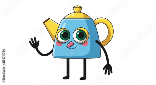 Cute Cartoon Teapot Character Waving Hello