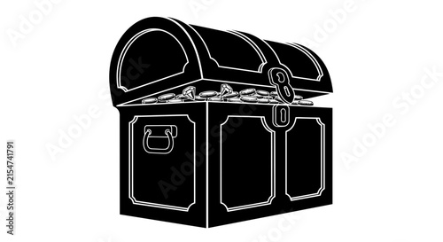 Black silhouette vector illustration of an open treasure chest overflowing with gold coins, symbolizing wealth, reward, and success.