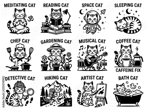 Cute Cat Illustrations: Meditating, Reading, Space, Sleeping, Chef, Gardener, Musician, Coffee
