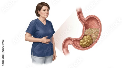 Woman experiencing stomach pain due to a bezoar in her digestive system