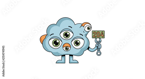 Cute Cloud Monster with Many Eyes Holding Wrench and Sign