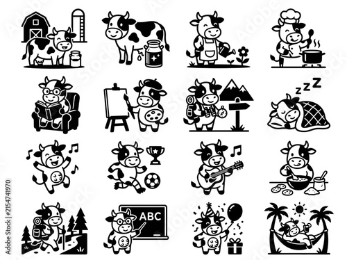 Cute Cow Cartoon Set: Farming, Cooking, Learning, Sleeping, Playing