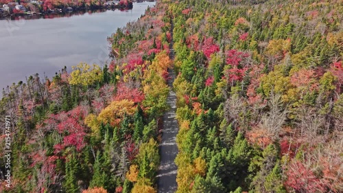 Cyclists ride on forest trail in autumn in Nova Scotia Canada