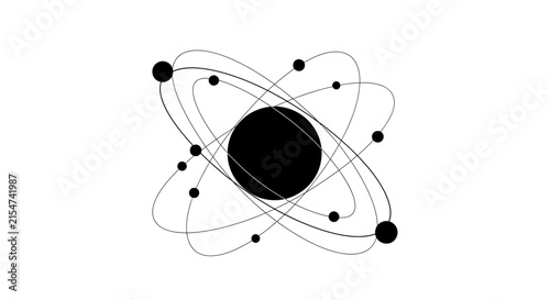 Stylized atomic structure illustration with electrons orbiting a central nucleus, representing science, physics, and molecular concepts