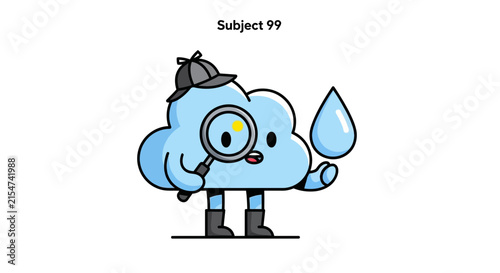 Cute Cloud Detective Character Holding Magnifying Glass and Raindrop