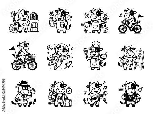 Cute Cow Character Set: Diverse Activities and Professions