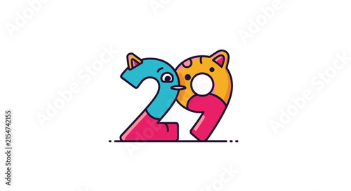Cute Cartoon Number 29 with Cat Ears and Funny Face